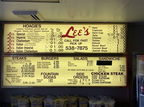 Menu at Lee's Hoagie House restaurant, Quakertown