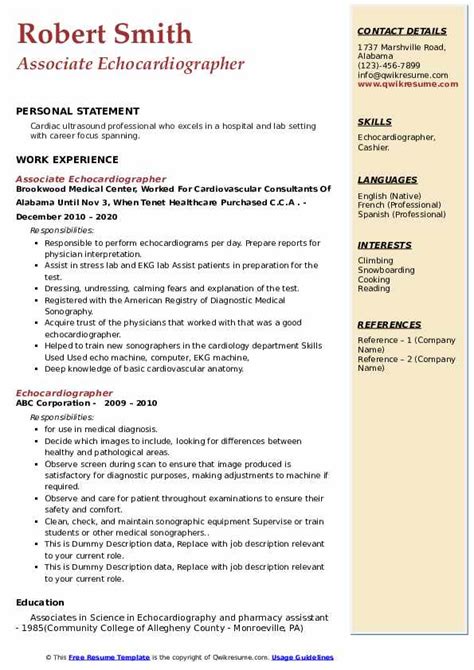 Echocardiographer Resume Samples | QwikResume