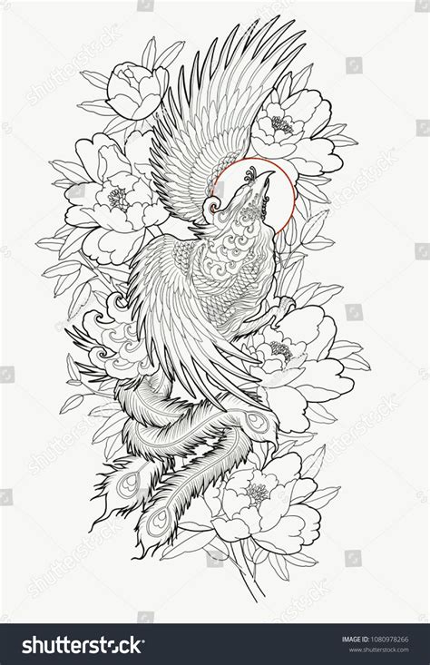 Hand drawn phoenix and flower outline tattoo design. | Hình xăm mực ...