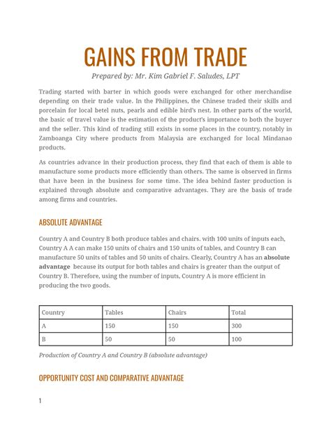 Lesson 3 (Gains from Trade) - GAINS FROM TRADE Prepared by: Mr. Kim ...