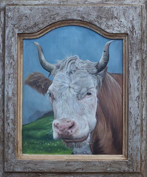 Swiss Cow, Oil Painting on Salvaged Kitchen Cabinet, 13" x 16" : r/Art