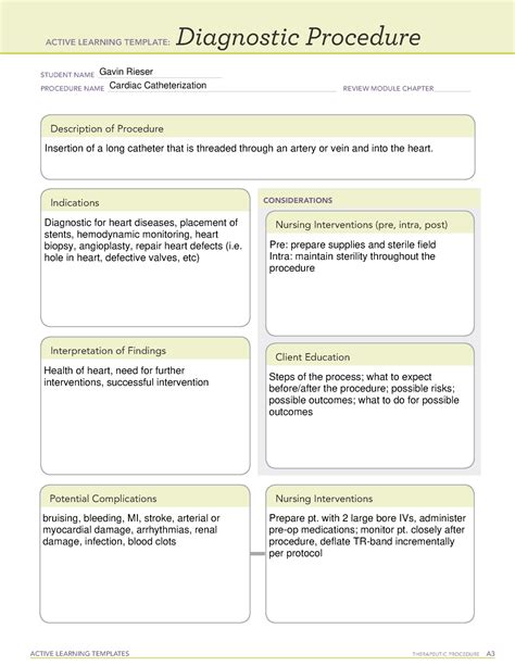 Ati Diagnostic Procedure Template Cardiac Catheterization