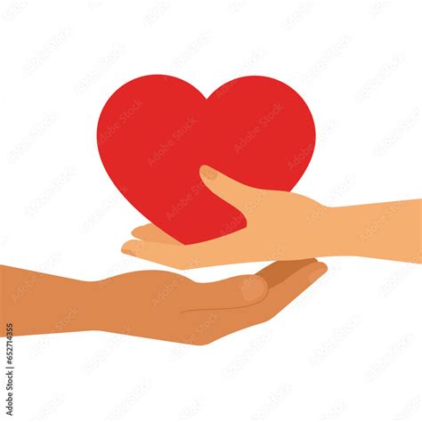 Female hand is giving heart to male hand. Symbol of kindness, love, empathy, charity mental ...