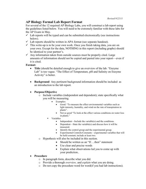 AP Biology Formal Lab Report Format