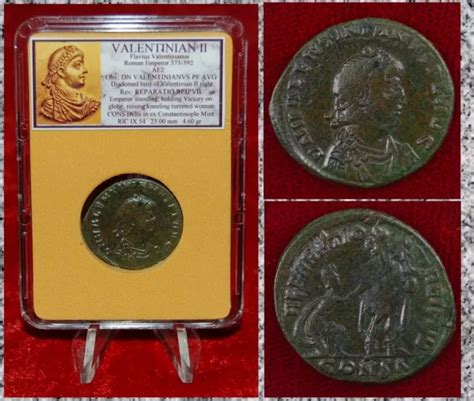 ANCIENT ROMAN EMPIRE Coin VALENTINIAN II Emperor Raising Kneeling Woman ...