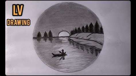 How to draw sunset at the lake in circle by pencil - Sunset at the lake in circle drawing ...