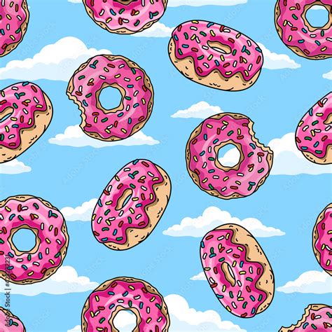 Stockvector Cartoon donuts with pink glaze and colored sprinkles on blue sky background ...