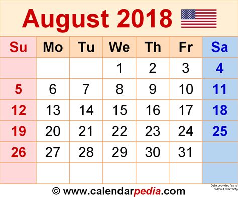 August 2018 Calendar | Templates for Word, Excel and PDF