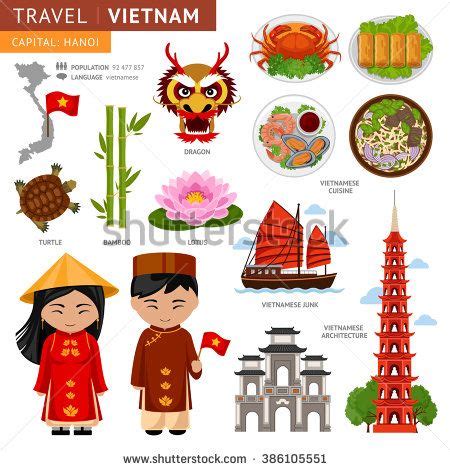 Travel to Vietnam. Set of traditional cultural symbols. A collection of ...