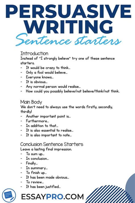 Persuasive essay: sentence starters | Academic essay writing, Essay writing skills, Writing skills