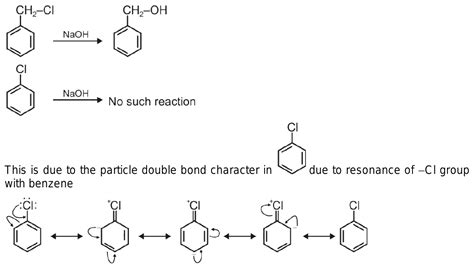 5. Benzyl chloride reacts with hot alkali solution to form benzyl alcohol but chloro benzene ...