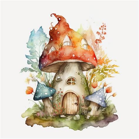 Premium Photo | A watercolor painting of a mushroom house with a ...