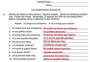 Spanish Direct Object Pronouns Practice (Los complementos / objetos ...