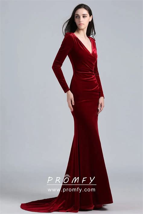 Elegant Burgundy Velvet Long Sleeve Mermaid Long Celebrity Prom Dress - Promfy.com