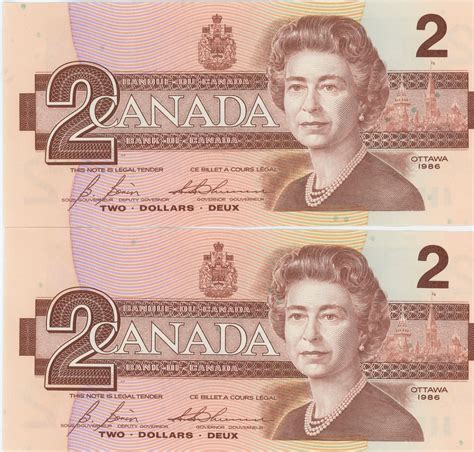 Two 1986 Canadian Two Dollar Bills - Sequential Serial Numbers