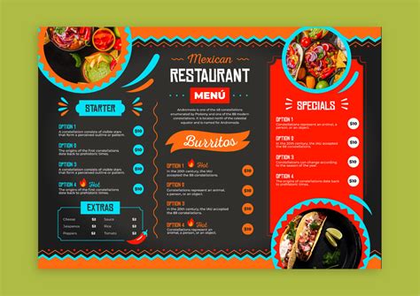 Personalize this Ornamental Hand-drawn Mexican Burritos & Tacos Restaurant Menu design online