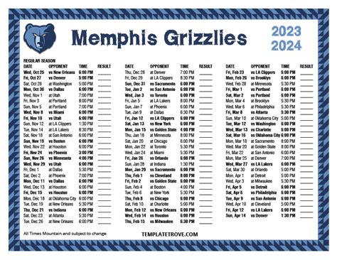 Printable 2023-2024 Memphis Grizzlies Schedule