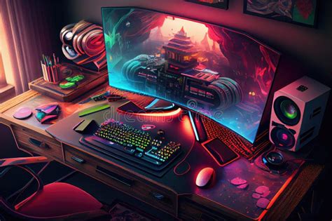 A Gaming Desk with a Curved Monitor and Keyboard, Surrounded by Colorful Accessories Stock ...