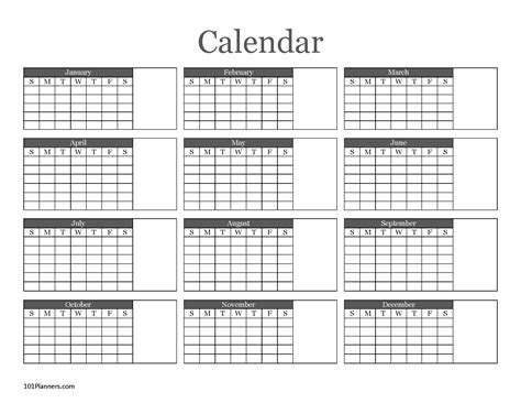 Yearly Blank Calendar | Microsoft Word, Editable PDF and Image Files