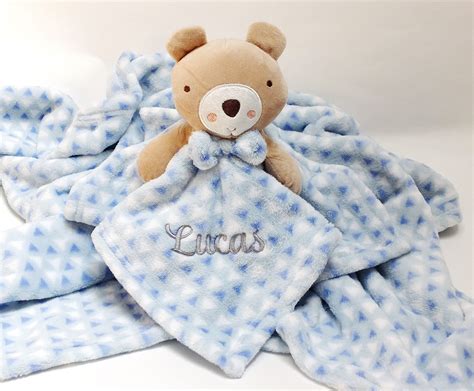 Personalised Baby Boy Blanket and Teddy Bear Comforter, Embroidered Baby Comfort Blanket, New ...