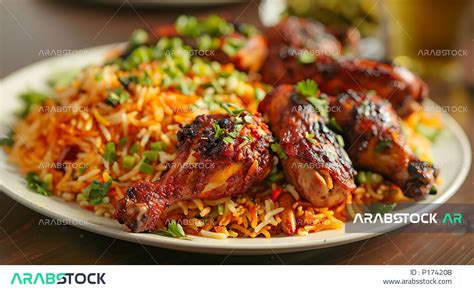 Traditional Saudi Arabian dishes and foods, a plate of Mandi rice with grilled chicken and fresh ...