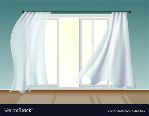 Window with white curtains fluttering wind Vector Image