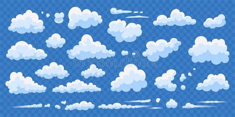 Set of Cartoon Clouds Isolated on Blue Transparent Background. Vector ...