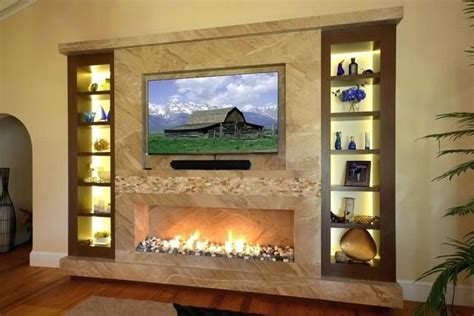 tv and fireplace wall marble fireplace wall with custom frosted glass back lit shelves ...
