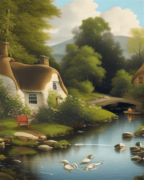 English Cottage Beside Babbling Brook Painting · Creative Fabrica