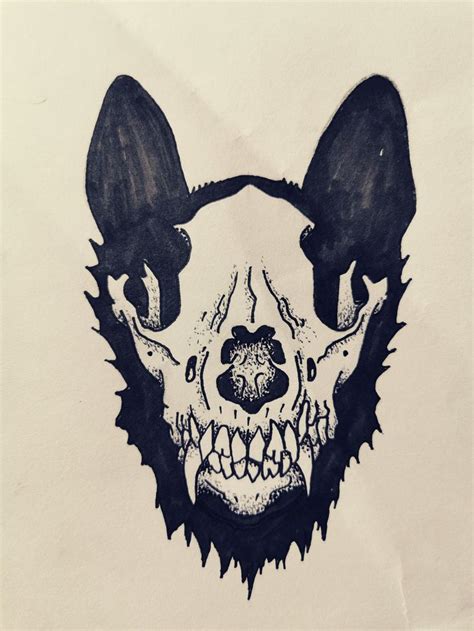 a black and white drawing of a dog's head with fangs on its face