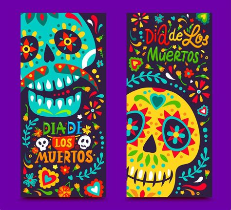 Dia de los Muertos banners with flowers and skulls 27974194 Vector Art at Vecteezy