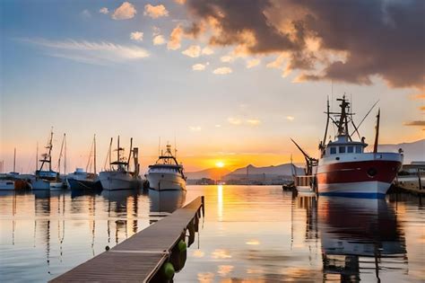 Premium AI Image | fishing boats in the harbor at sunset