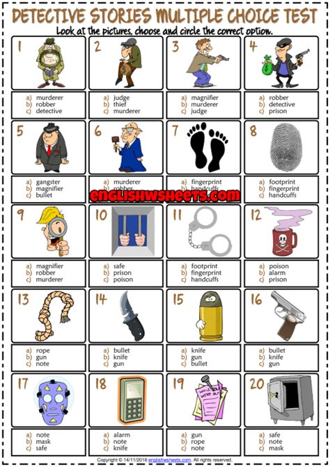 Detective Stories ESL Printable Multiple Choice Test For Kids