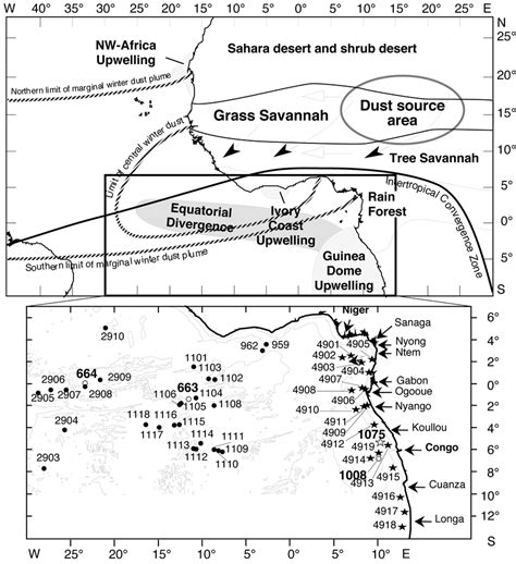 Generalized map of the Equatorial Atlantic showing main coastal and ...