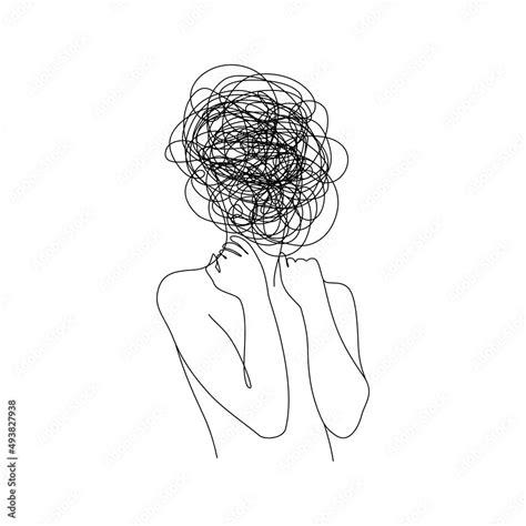 Continuous one line drawing of a woman with confused messy feelings worried about bad mental ...