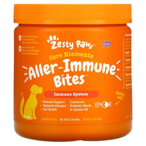 Zesty Paws, Core Elements, Aller-Immune Bites for Dogs, All Ages, Lamb, 90 Soft Chews, 12.7 oz ...