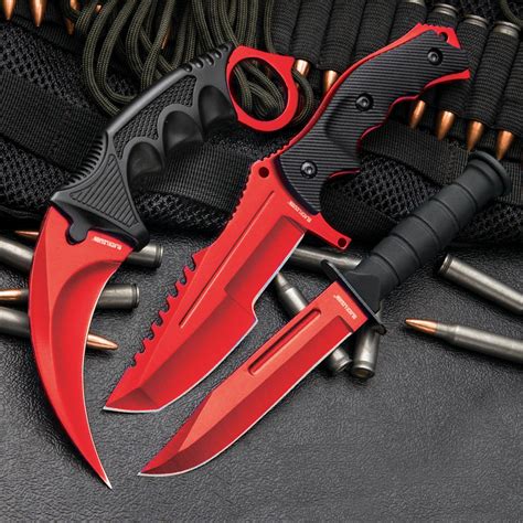 3-Pc. Knife Set Atomic Red | Karambit - Huntsman - Military Knife ...