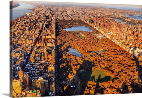 Manhattan, Aerial View Towards Central Park With Foliage At Sunset Wall ...