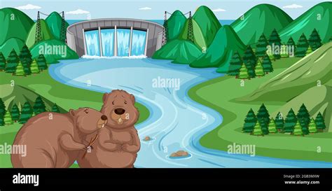 Dam landscape with beaver family illustration Stock Vector Image & Art ...