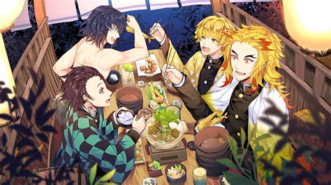 Demon Slayer Inosuke Hashibira Kyojuro Rengoku Tanjirou Kamado Zenitsu Agatsuma Sitting Around ...