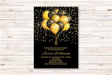 Black and Gold Birthday Invitation Template, Editable Birthday Invitations, Gold and Black ...