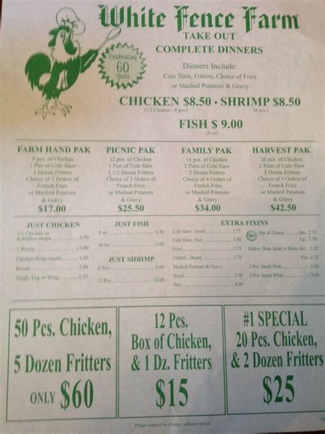 Menu at White Fence Farm restaurant, Joliet, 80 Barney Dr