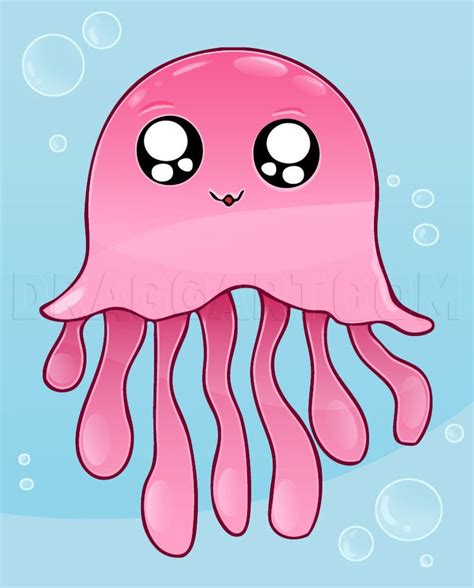 a pink jellyfish with big eyes floating in the water