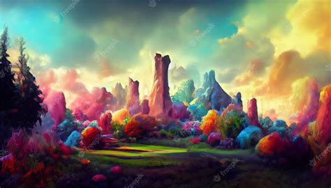 Premium Photo | 3d rendering of a colorful fantasy landscape