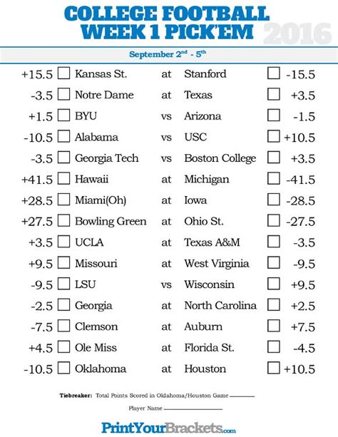 Week 1 College Football Pick'em Sheet Football Picks, Ncaa College ...