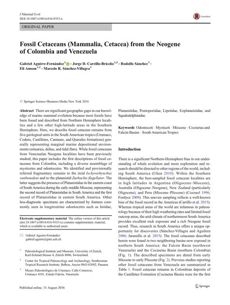 (PDF) Fossil Cetaceans (Mammalia, Cetacea) from the Neogene of Colombia ...