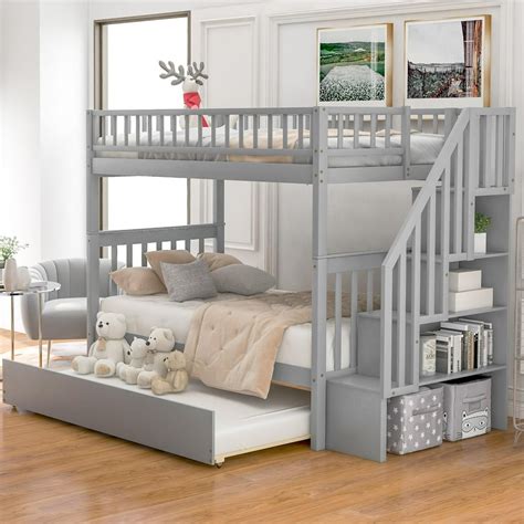 Modern Twin Over Twin Wood Bunk Bed with Trundle and Storage, Solid Hardwood Twin Bunk Bed Frame ...