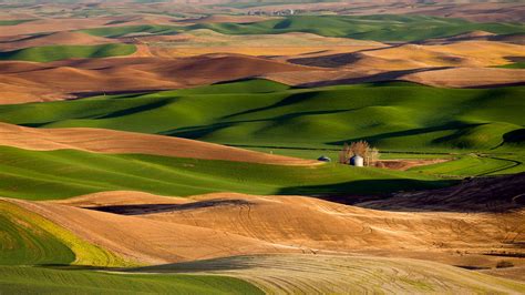 The sun rises setting the landscape in an orange hue, Palouse ...