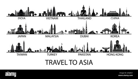 famous landmark of country in Asia silhouette style with black and white classic color design ...