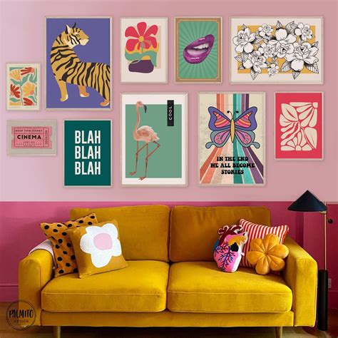 Colorful wall art, Set of 10 eclectic gallery wall set, retro brhigt colors wall art, funky art ...